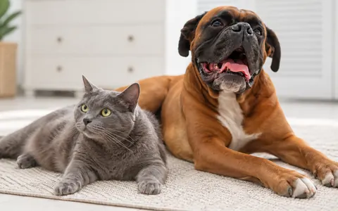 Gato gris y perro bóxer recostados juntos sobre una alfombra