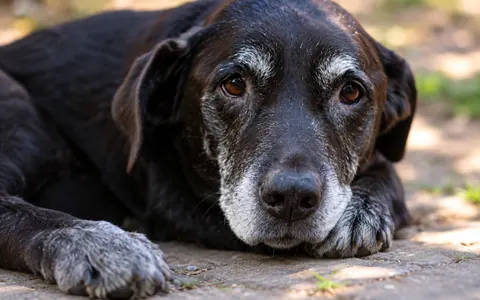 Perro negro de hocico canoso recostado, con la mirada tranquila