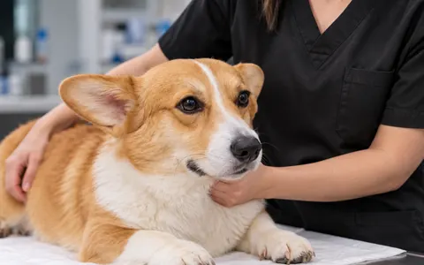 Perro corgi recostado en la camilla mientras una veterinaria lo sostiene durante la consulta