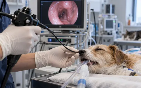 Perro anestesiado durante una videoendoscopia respiratoria, con la imagen de la vía aérea en el monitor